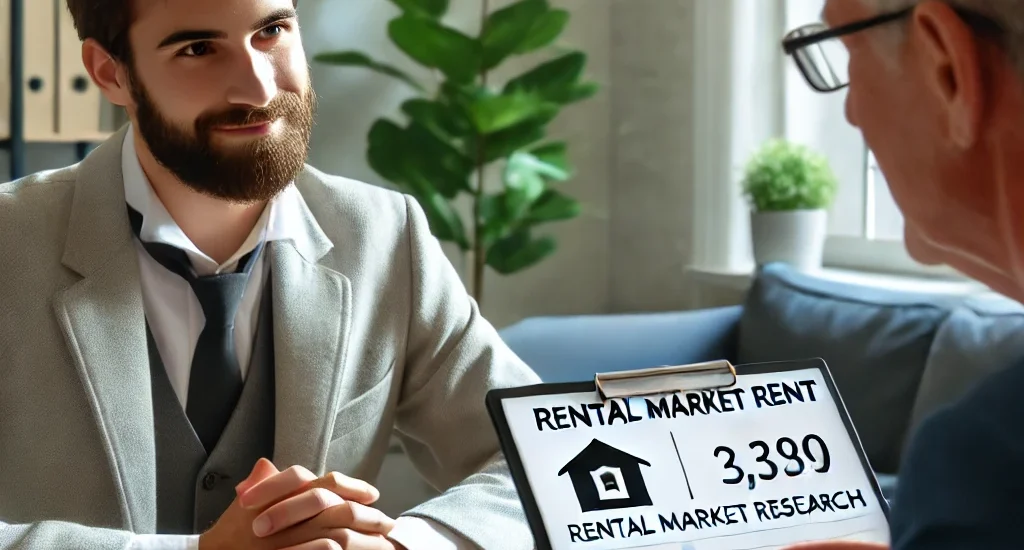 Dall·e 2025 03 20 07.42.57 a professional and realistic image depicting a tenant negotiating rent with a landlord. the scene takes place in a modern apartment office, with the t